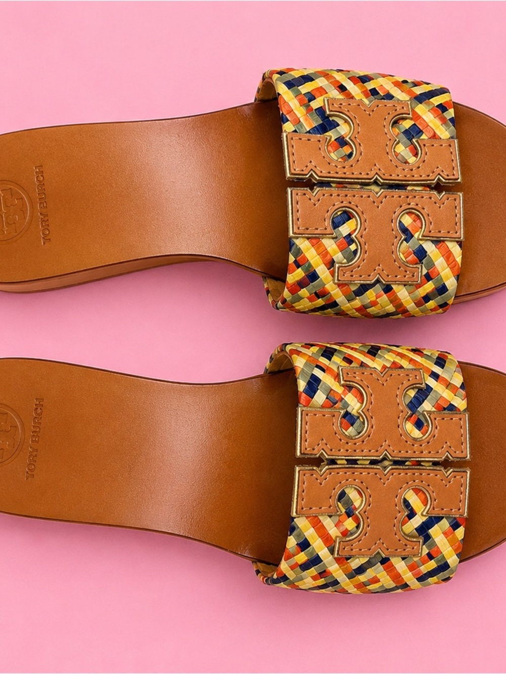 Tory Burch Ines Raffia Double T Platform Wedge Slide Sandals Multicolor 7.5